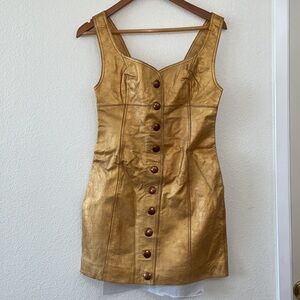 Free People Gold Leather Sleeveless Mini Dress Button Up Metallic Party 90s